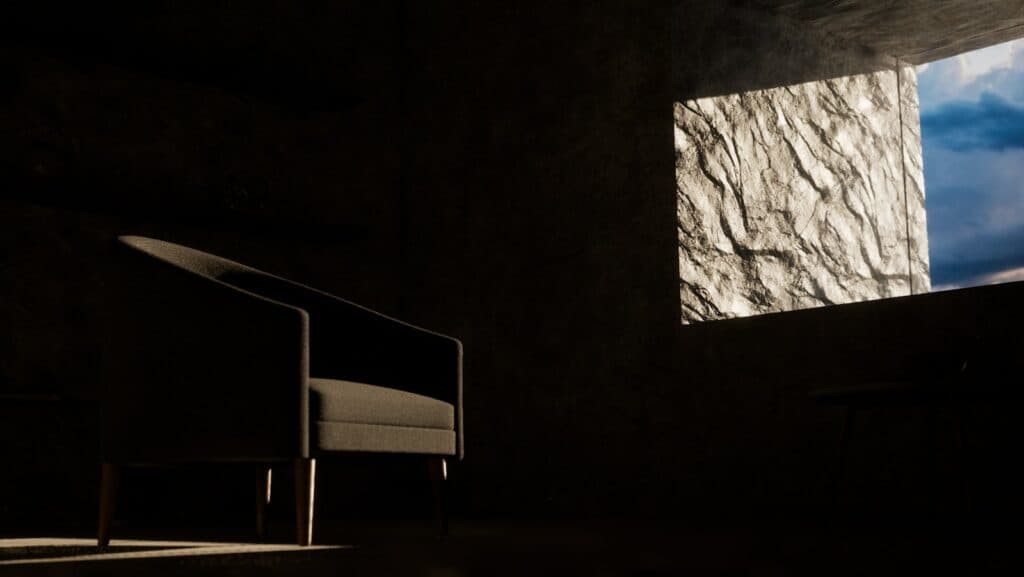 a chair and a table in a dark room